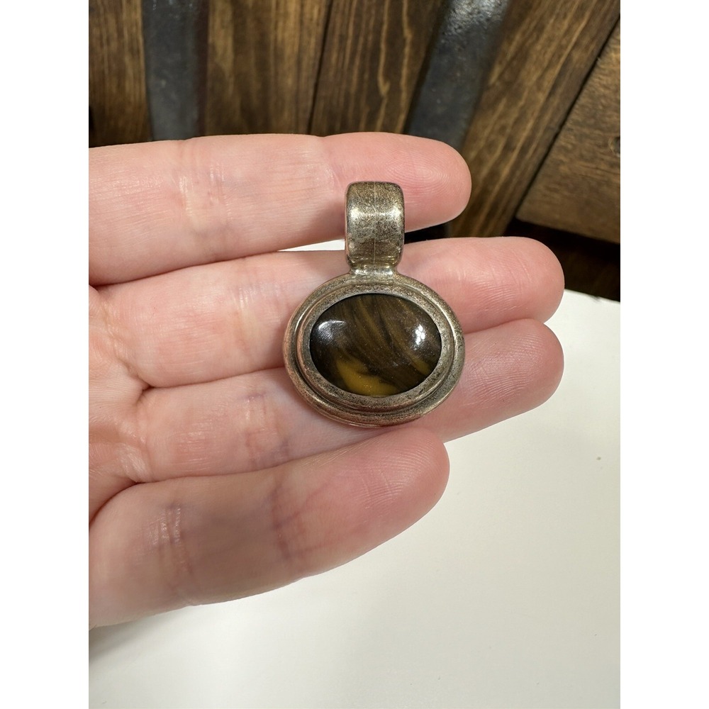 JRI MEX 925 Sterling Silver Vintage Mexico Real Tiger Eye Gem Slide Pendant